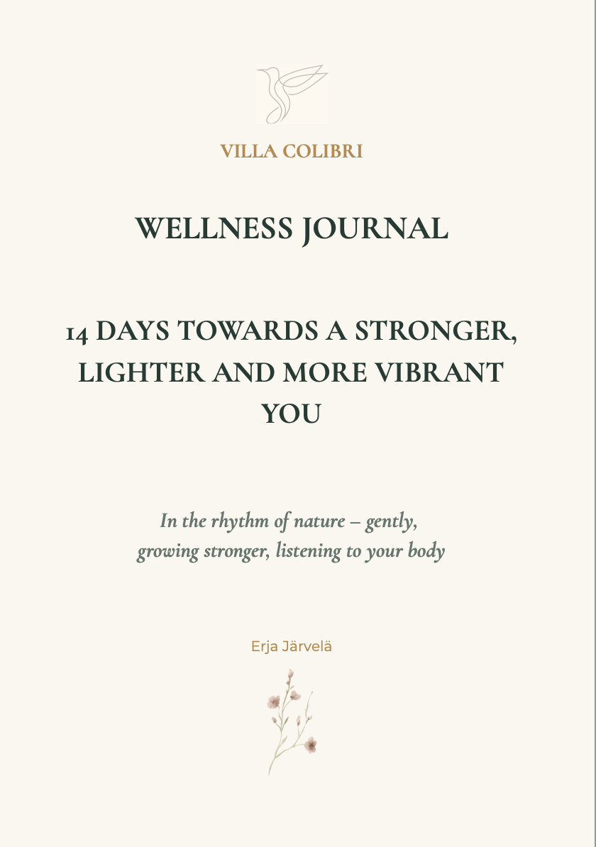 Minimalist wellness journal cover with elegant typography, hummingbird logo, and delicate floral illustration on beige background.