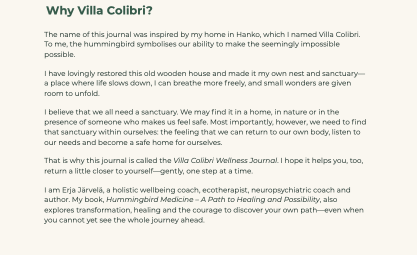 Text page titled “Why Villa Colibri?” describing restored wooden house, sanctuary, and journal author Erja Järvelä.
