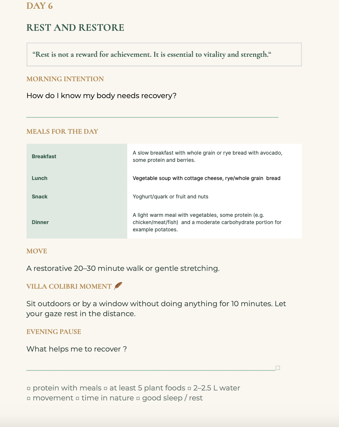Minimalist wellness day plan page with headings, quote, meal suggestions, and recovery prompts on light background.
